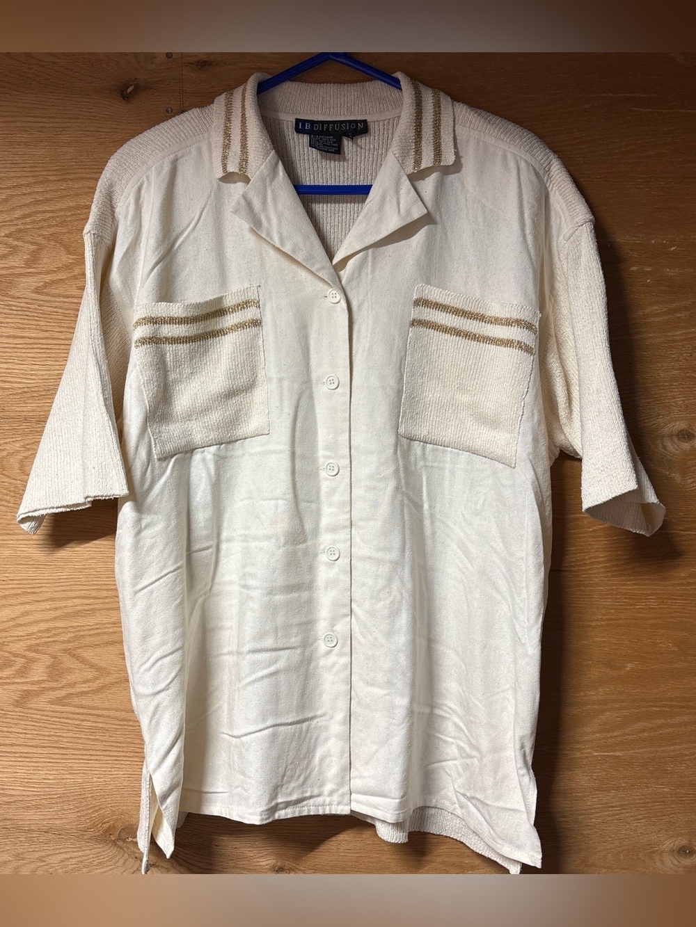 I.B.Diffusion Cream Silk Short-Sleeve Button Shirt with Gold Stripes